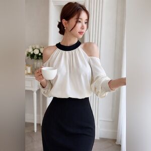 Elegant Off-White and Black Cold Shoulder Blouse